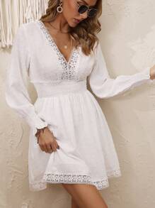 Breezaya Guipure Lace Insert Shirred Waist Dress Vacation Beach Outfits Women Fall Cloth For Women - White - View 5