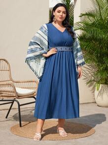 Mulvari 大尺碼女性幾何圖案鐘袖腰帶連衣裙