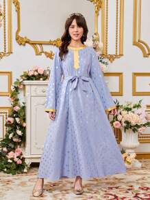 Vestido De Retales Con Cinta Jacquard De Lunares Y Lunares Dorados Recién Llegado Para Chicas Adolescentes 2024 - Púrpura polvoriento - Ver 4
