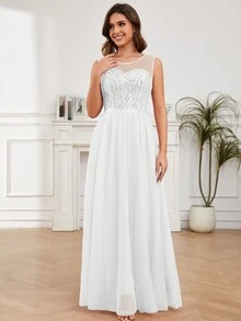 Women's White Round Neckline Colorblock Sequin Back Zipper Wedding Dress - White - View 5