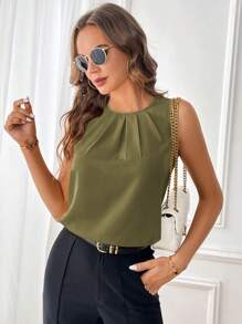 SHEIN Clasi 女士无袖圆领衬衫、无袖上衣 - 軍綠色 - 查看 3
