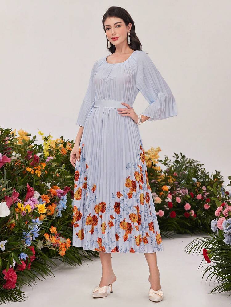 Ladies' Floral Print Pleated Dress Long Evening Dresses