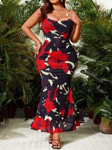 SHEIN Clasi Floral Mesh Mermaid Hemline Cami Dress - Multicolor - View 1