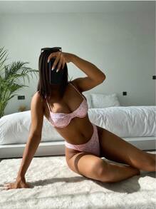 SHEIN Swim Bikini tanga con aros de flores diminutas para playa de verano - Rosa - Ver 1