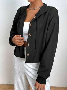 SHEIN Essnce Button-Front Drawstring Hooded Oversized Sweatshirt - Black - View 3