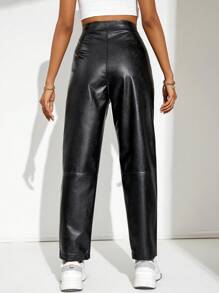 SHEIN Essnce Pleated Faux Leather Pants - Black - View 2