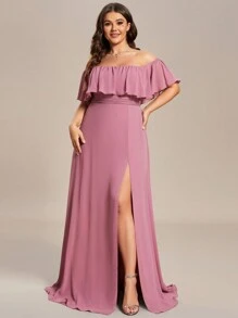 Plus Size Elegant Solid Color Off-Shoulder Split Bridesmaid Dress - Dusty Pink - View 5