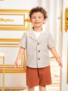 SHEIN Trẻ Con trai Dễ thương Quay xuống Vòng cổ Ngắn tay Áo sơ mi Và Bộ quần short - Nhiều màu - Xem 4