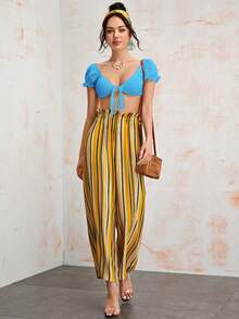 Soleia Cropped Top With Ruched Detail & Tie Straps - Blue - View 5