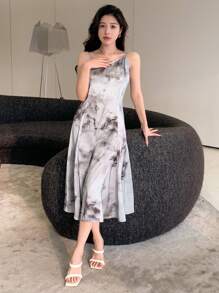 DAZY Tie-Dye Print Strappy Cami Dress Sundress,Casual Women Dresses - Light Grey - View 5