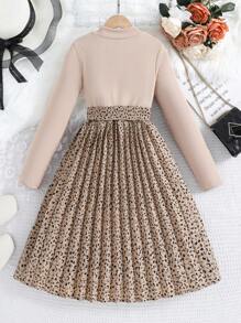 Tween Girl Stand Collar Leopard Print Pleated Hem Belted Dress With Long Sleeves - Apricot - View 2