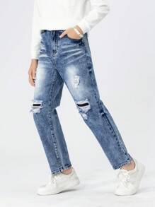 Jeans Para Adolescentes, Diseño Informal De Parches Con Estilo Desgastado, Pantalones Rectos Lavados De Moda Y Juveniles - Azul lavado oscuro - Ver 3