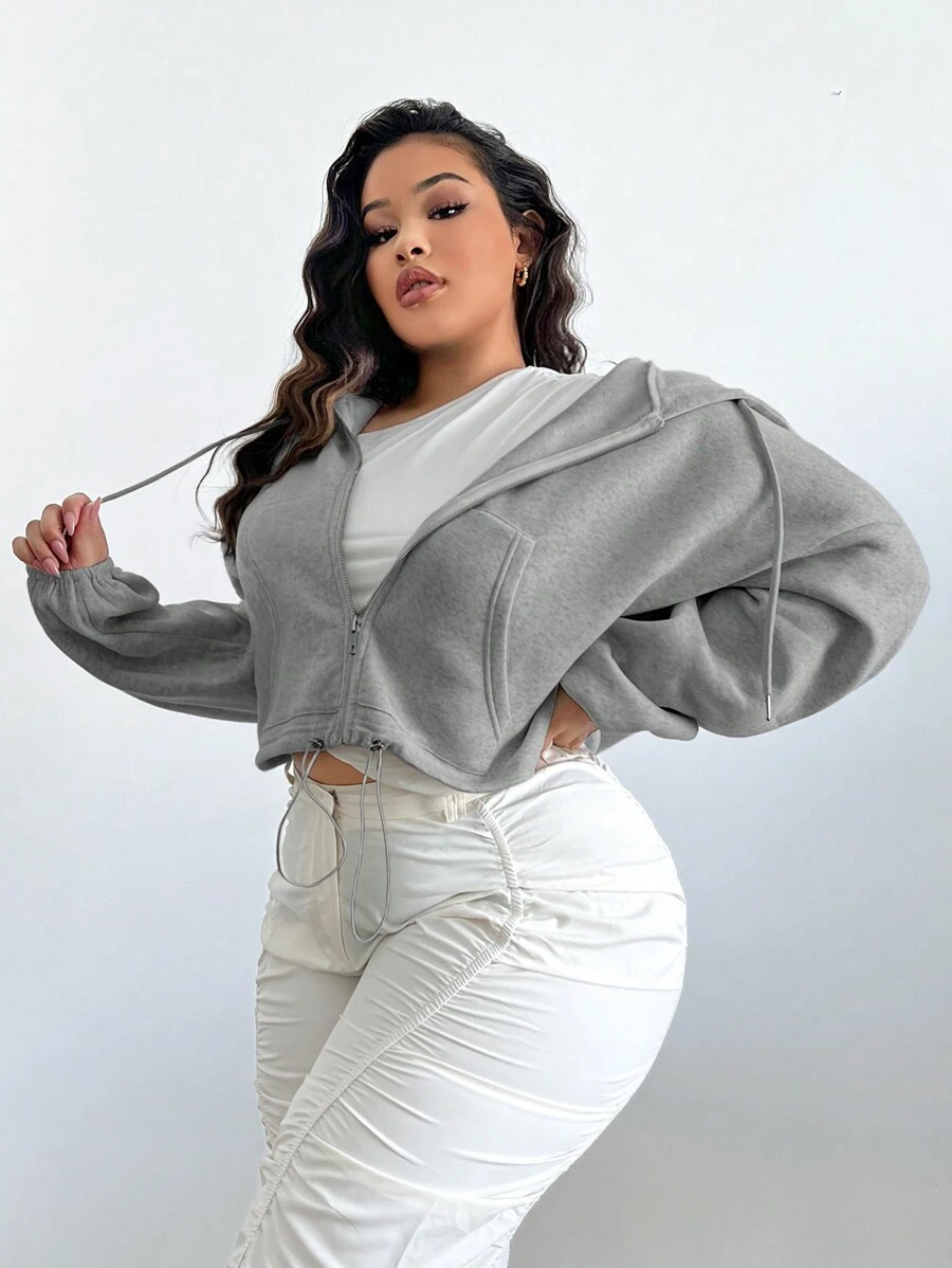 SHEIN SXY Sudadera con cremallera y bolsillo tipo canguro para tallas grandes - Gris Oscuro - Ver 1