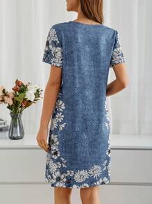 EMERY ROSE Floral Denim Effect Dress - Blue - View 2