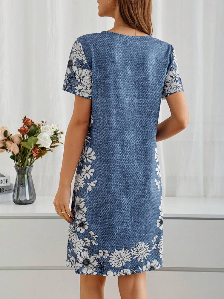 Floral Denim Effect Dress