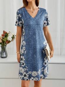 EMERY ROSE Floral Denim Effect Dress - Blue - View 5