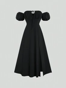 Sweetra Tie Off Shoulder Puff Sleeve Bodycon Dress With Textured Fabric Maxi Women Outfit