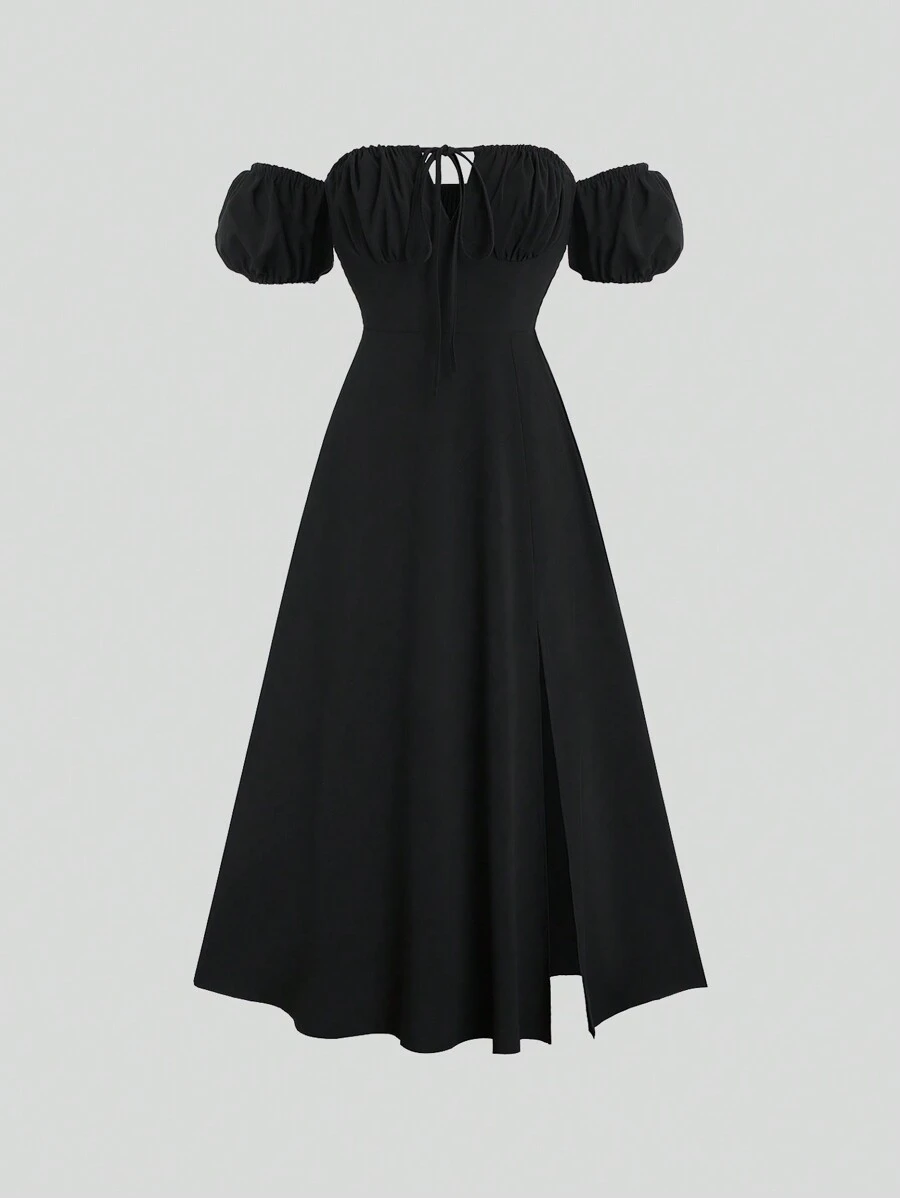 Sweetra Tie Off Shoulder Puff Sleeve Bodycon Dress With Textured Fabric Maxi Women Outfit