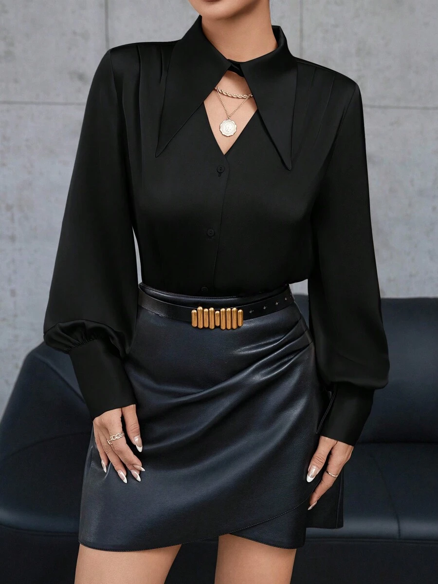 Aveloria Modichic 纯色镂空纽扣长袖衬衫优雅商务休闲女士长袖上衣 - 黑色 - 查看 1