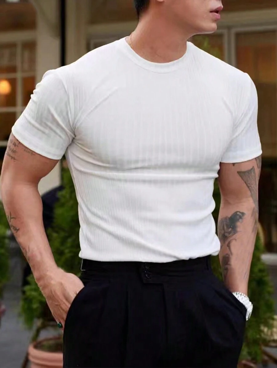 NITAGUT Hombres Camiseta tejida de canalé unicolor - Blanco - Ver 1