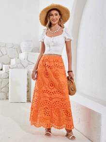 GENKIRA Embroidered Ladies' Long Skirt - Orange - View 3