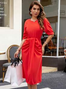 GENKIRA Solid Color Short Sleeve Dress - Orange - View 7