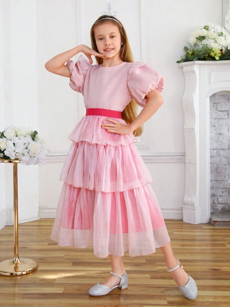 Tween Girls' Mesh Edging Round Neck Puff Sleeve Jacquard Blouse Matched With Mesh Tiered Hem Skirt Two Pieces Set