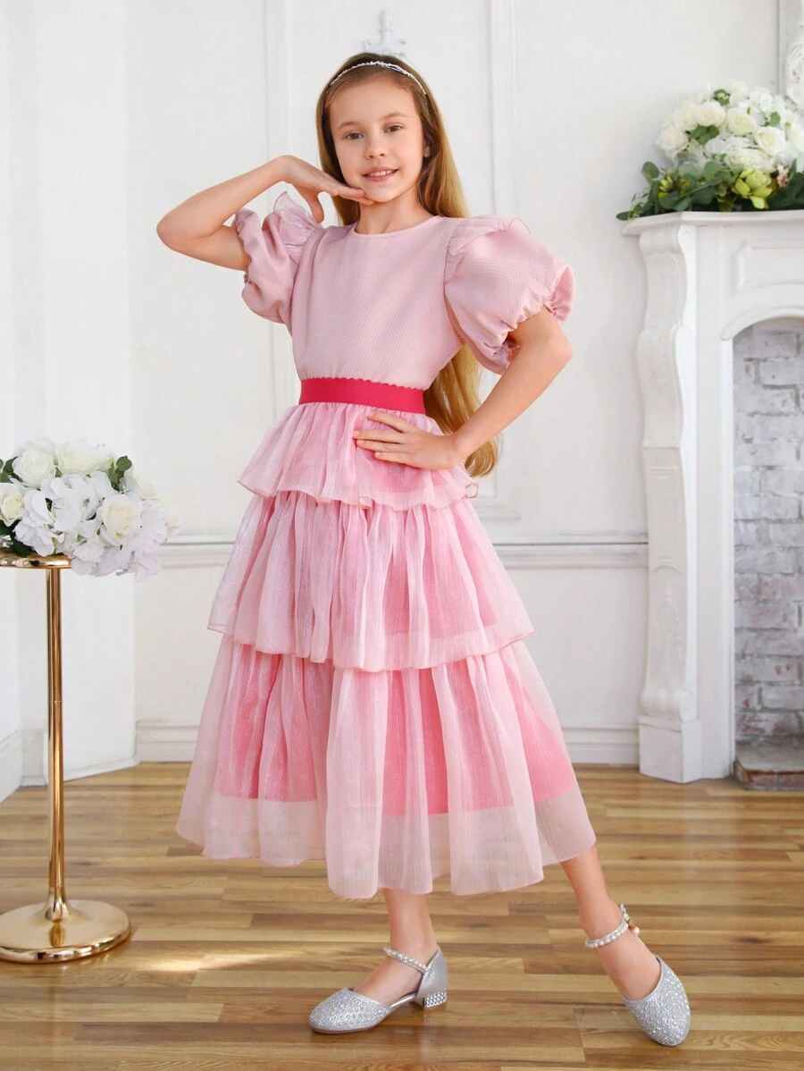 Tween Girls' Mesh Edging Round Neck Puff Sleeve Jacquard Blouse Matched With Mesh Tiered Hem Skirt Two Pieces Set