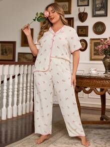 CottageSlumber Plus Size Floral Printed Short Sleeve Top And Pants Loose Pajama Set - Beige - View 2