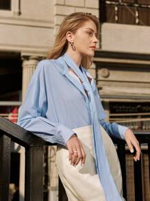 Anewsta Striped Wide Button-Down Shirt - Blue - View 4