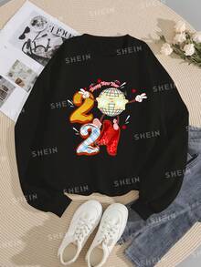 Fashionable Drop Shoulder Round Neck Sweatshirt With New Year Slogan Print, All-Match Style - Black - View 3