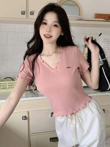 DAZY 女士v領短袖t恤 - 粉色 - 查看 2