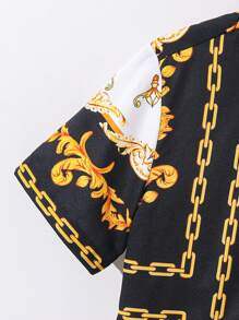 SHEIN 十幾歲男孩鬆身款休閒無領短袖平紡襯衫,有鏈條圖案 - 白色 - 查看 8