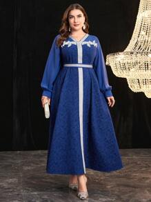 Al Najma Plus Size Women's Patchwork Weaved Ribbon Lantern Sleeve Arabic Clothing Kaftan Jalabiya Dress - Blue - View 5