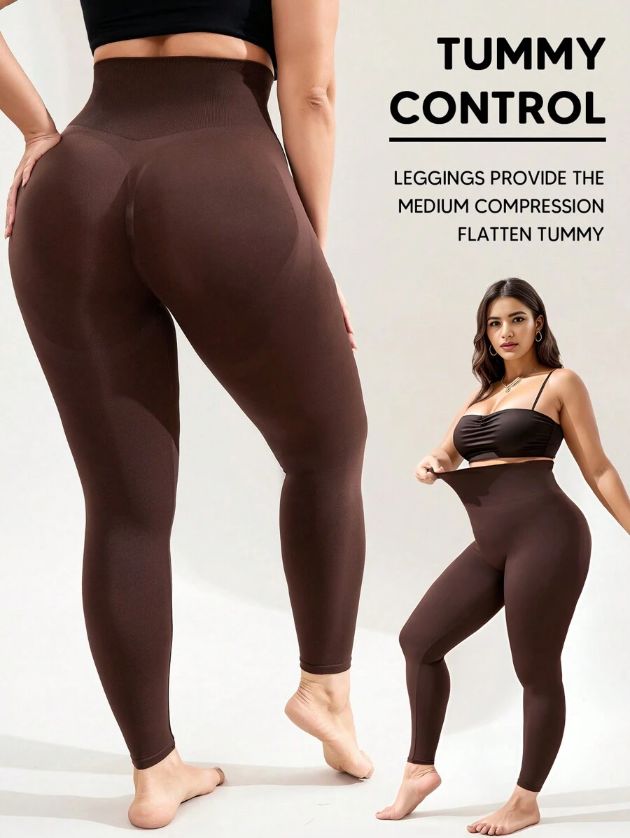 Leggings de talla grande de cintura alta, suaves, que levantan y dan forma, de uso casual para primavera - Café integral - Ver 1