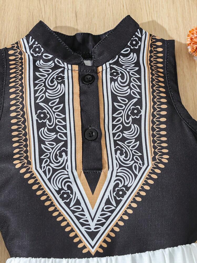 Baby Girl Spring/Summer Floral Print Stand Collar Sleeveless Top And Skirt Set