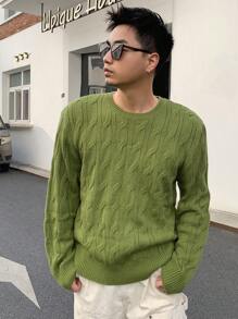 DAZY Men Solid Drop Shoulder Cable Knit Sweater - Green - View 4