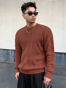 Men Cable Knit Drop Shoulder Sweater Fall,Winter - Red - View 6