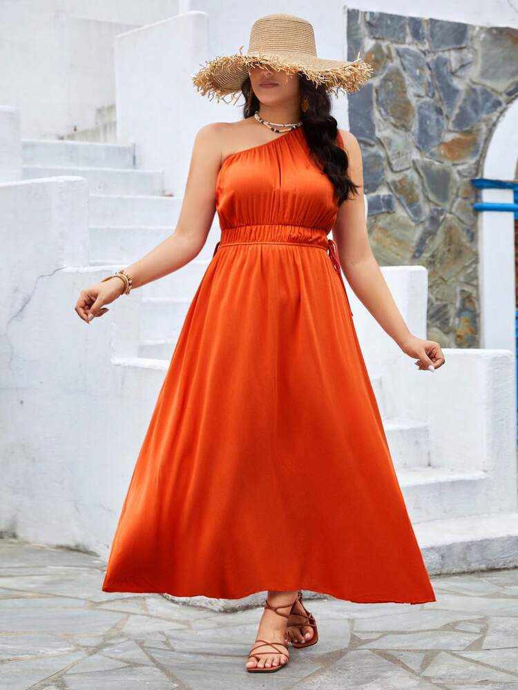 Plus Size Women's Orange One Shoulder Cinching Waist Beach Casual Dress For Summer Vacation