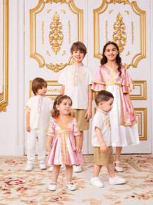 SHEIN Đứa bé gái Tuyệt đẹp Xa ten In Ngắn tay Đầm - Hồng - Xem 7