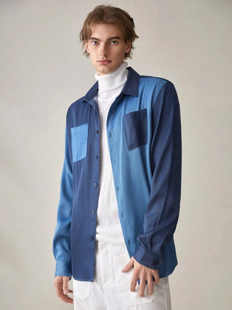 Loose-Fit Men's Color Block Long Sleeve Shirt