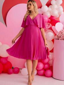 SHEIN Elegant & Romantic Maternity Party Dress With Ruffle Hem - Hot Pink - View 3