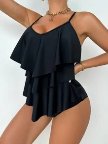 Swim Lushoire Summer Beach Women's Solid Color Multi-Layer Ruffled Bikini Set