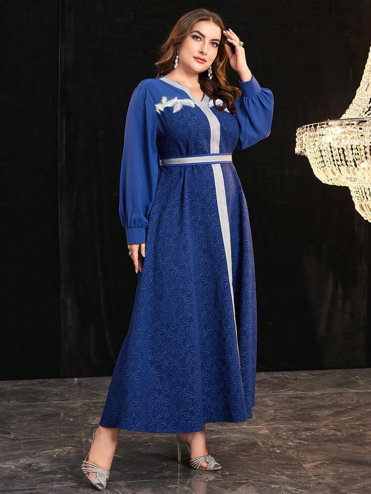 Plus Size Women's Patchwork Weaved Ribbon Lantern Sleeve Arabic Clothing Kaftan Jalabiya Dress
