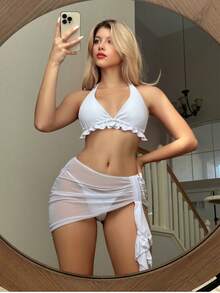 SHEIN Swim 白色吊带三角杯比基尼套装带罩裙婚礼，适合夏季海滩度假 - 白色 - 查看 3