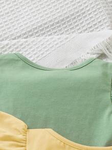 SHEIN Leap Crew Baby Girl Casual And Versatile Solid/Stripe Ruffle Top 3pcs Outfit Set - Yellow - View 4