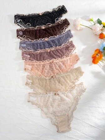 PetitDoll 7pcs Women's Mesh Lingerie Panties With Frilled Trim