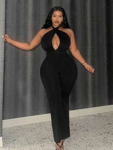 Slaydiva 大尺碼女性性感十字背心束身連體褲 - 黑色 - 查看 2