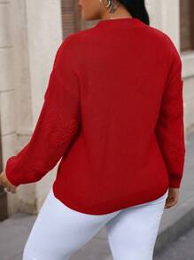 Calvaya Suéter de punto de talla grande con estampado de tachuelas y corazones para otoño e invierno - Rojo - Ver 2