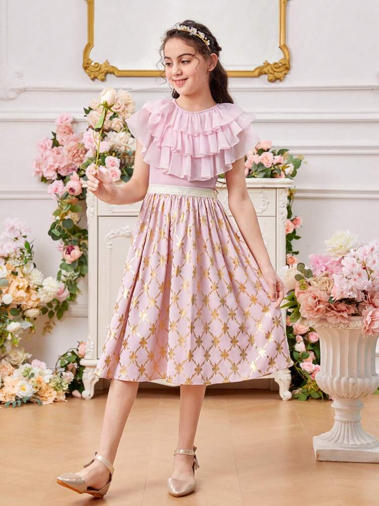 2pcs/Set Tween Girls' Round Neck Multi-Layered Frill Decor Shirt And Metallic Gold Fabric Skirt